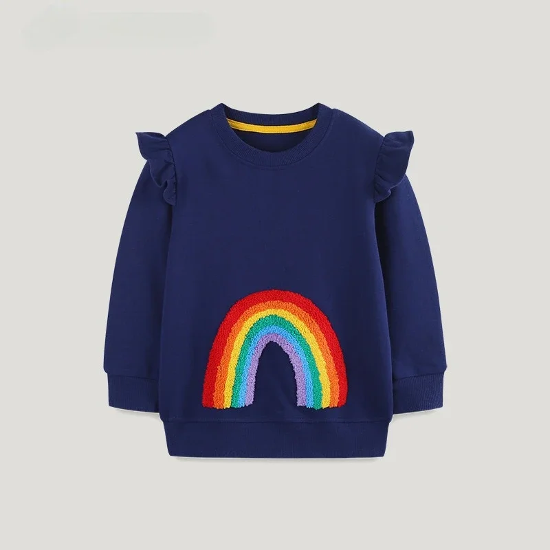 Girls 100% Cotton Hoodies Sweatshirts Pullover Tops Rainbow Towel Embroidery Ruffle Shoulder Long Sleeve Children Tops