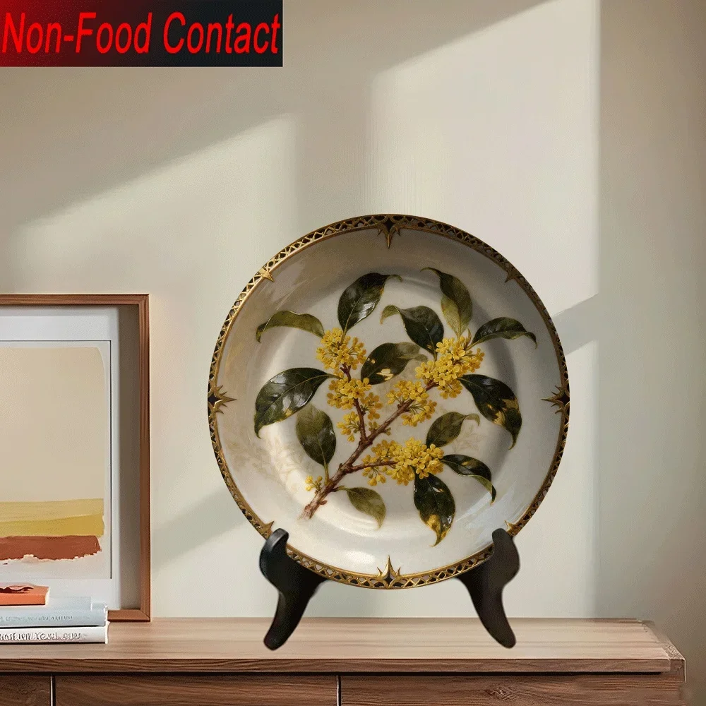 1pc Elegant Floral Ceramic Decorative Plate - Non-Food Contact Tabletop Decor with Golden Leaf & Branches, Round Home Decor for