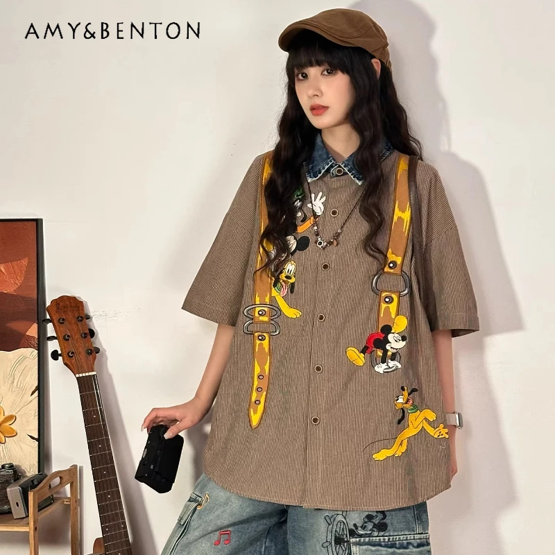 

Original American Retro Cartoon Top Embroidered Striped Short-sleeved Shirt For Women's 2026 Summer Loose-fitting Design Blouse