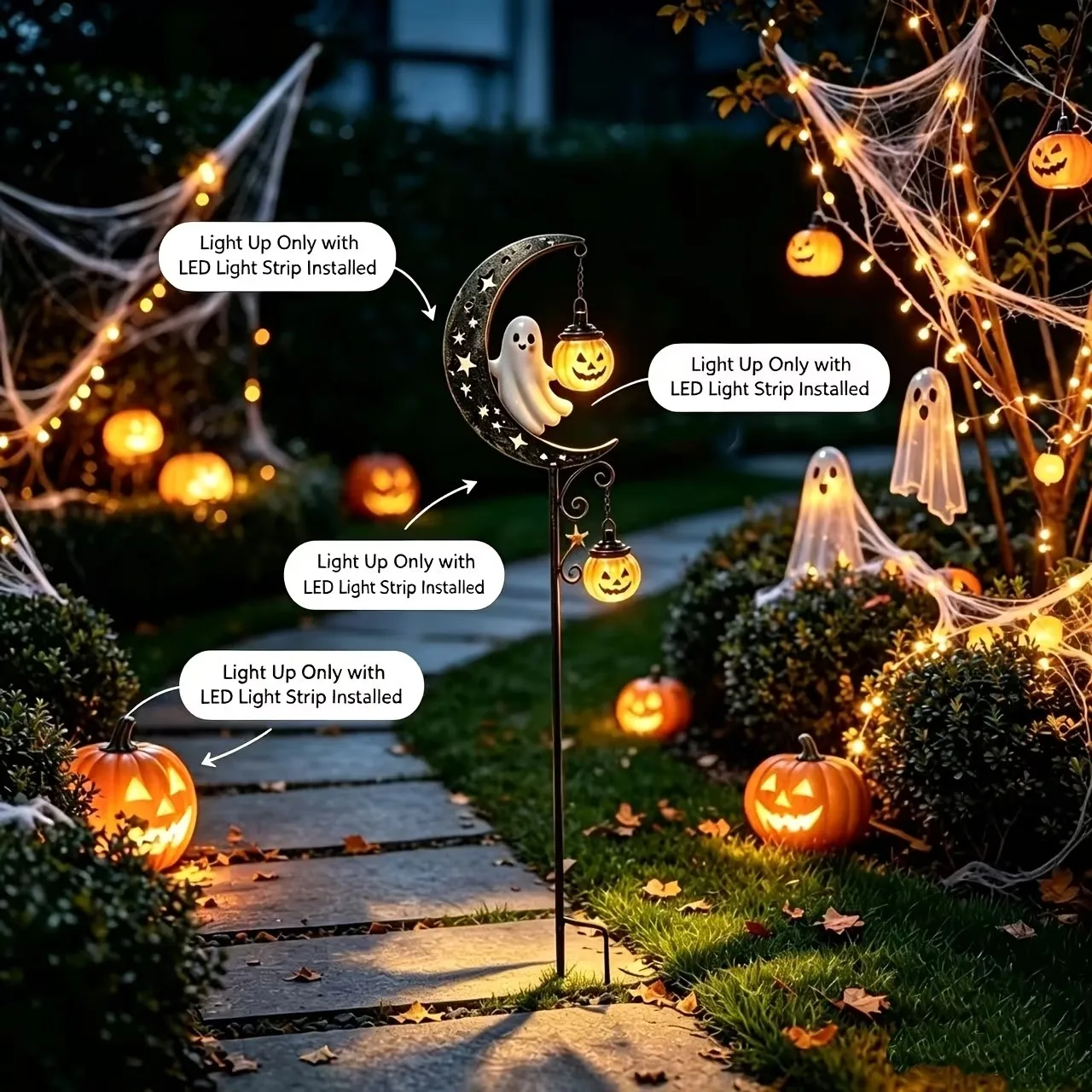 Halloween Wrought Iron Moon Ghost Garden Stake Ornament, Featuring Cute Ghosts Paired with Warm-Toned Pumpkin Pendants