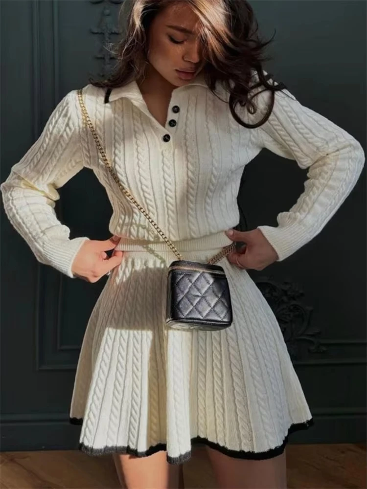 

Autumn Fashion 2 Piece-Set Skirt Women's Patchwork Contrast Long Sleeve Lapel Pullover And High Waist Mini Skirt Outfits