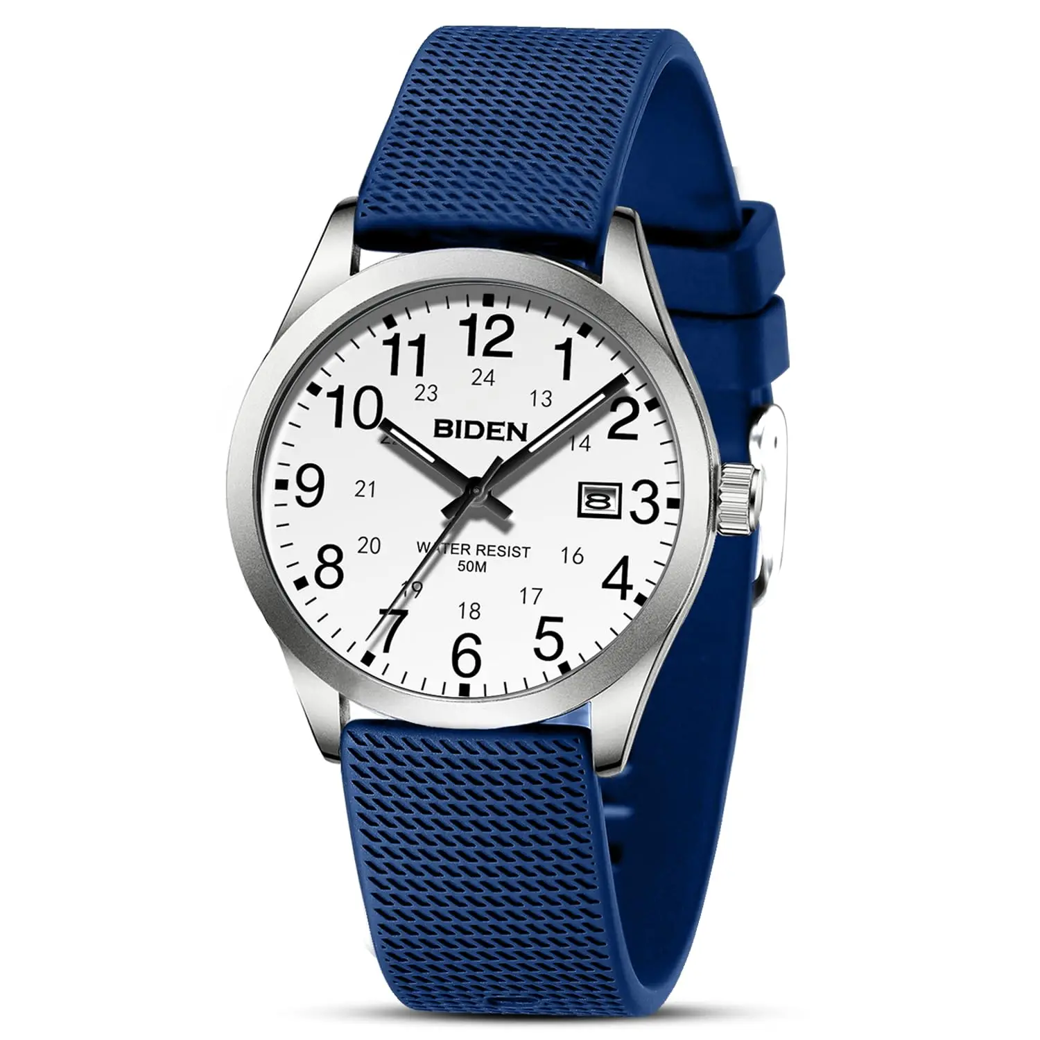 

BIDEN Women's Fashion Simple Watch Easy to Read Digital Luminous Dial Blue Silicone Strap 5ATM Men's and Women's Quartz Watch