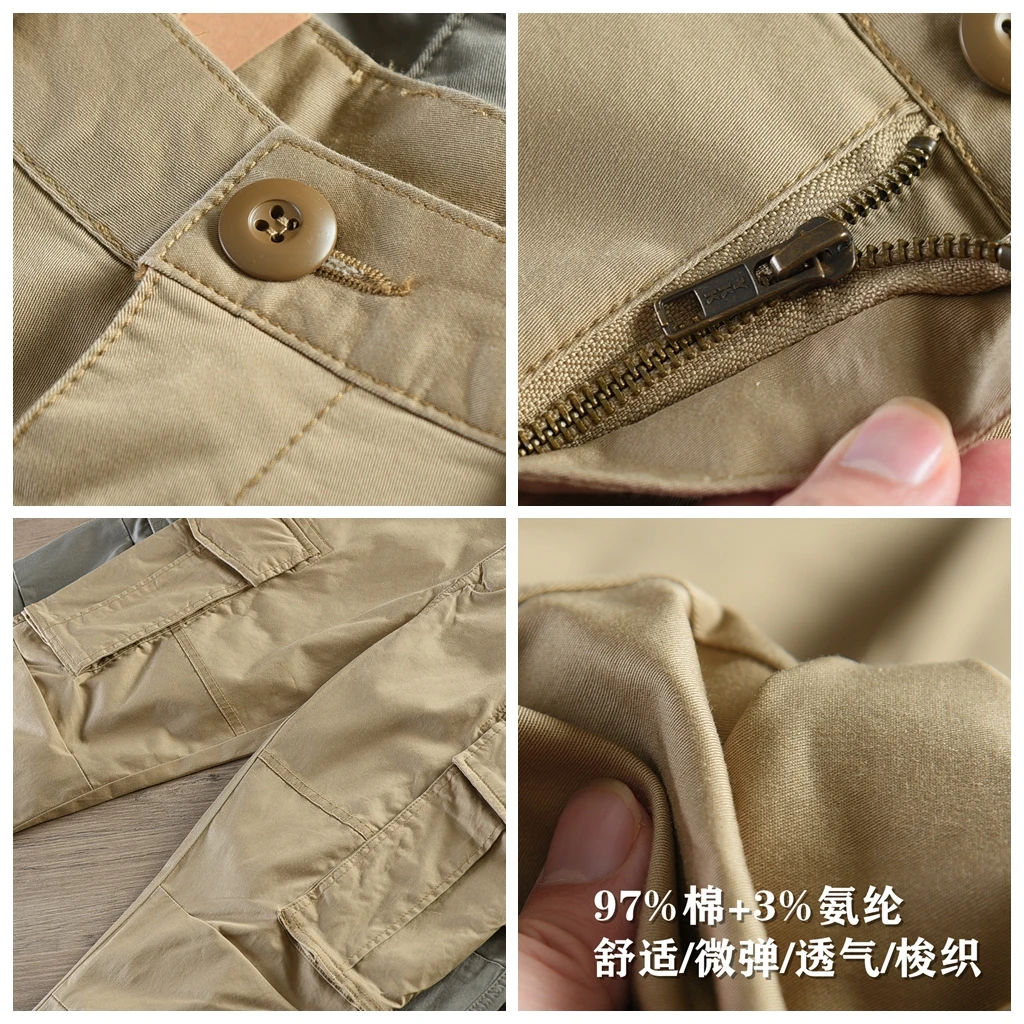メンズレトロカーゴパンツ,マルチポケット,アウトドア,シンプル,コットン97%,ウォッシュド,ストレート,ルーズ,カジュアル,秋,新品