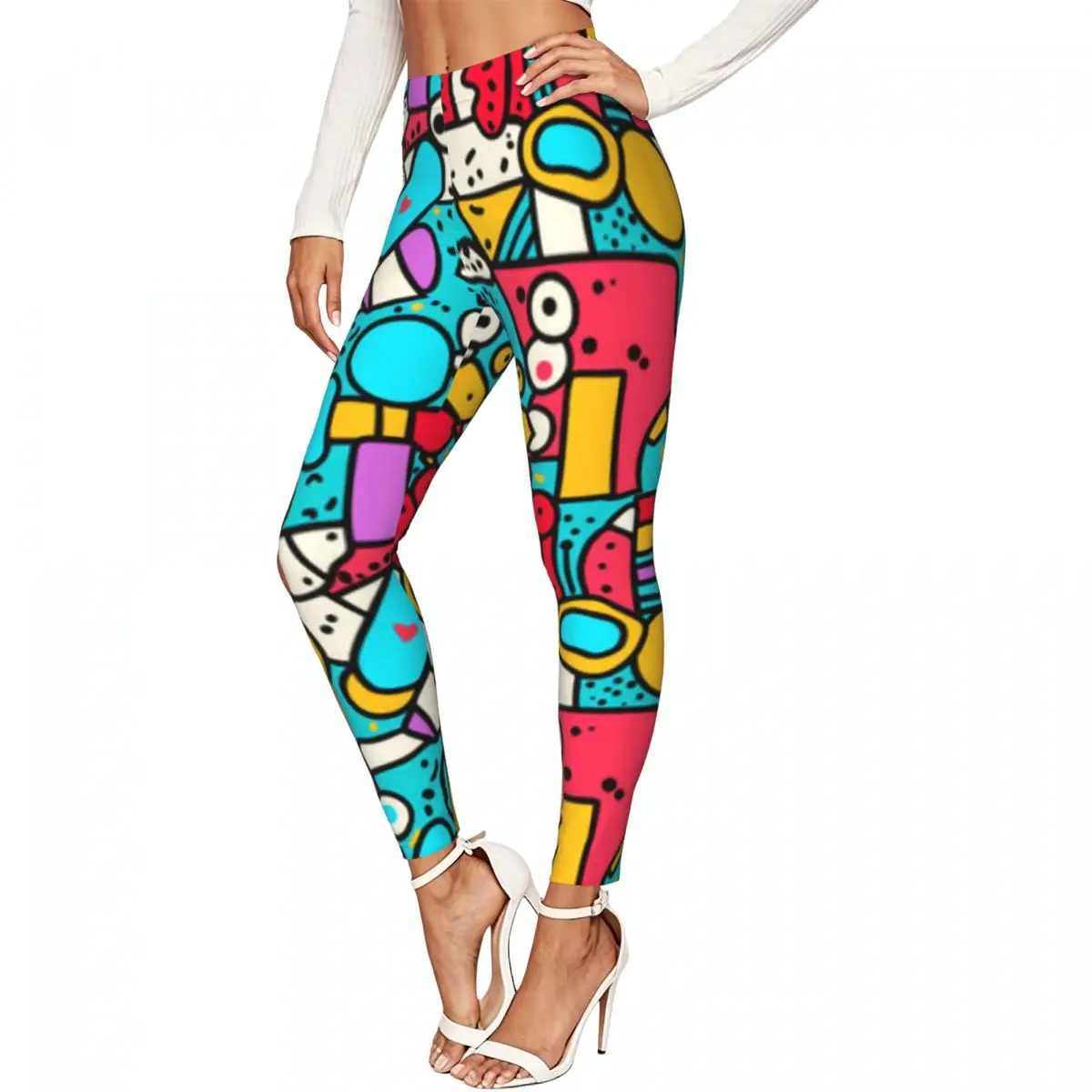 Casual Ladies Slim Leggings Geometric Shapes Circles Riangles Elastic High Waist Sports Daily Wear Trousers