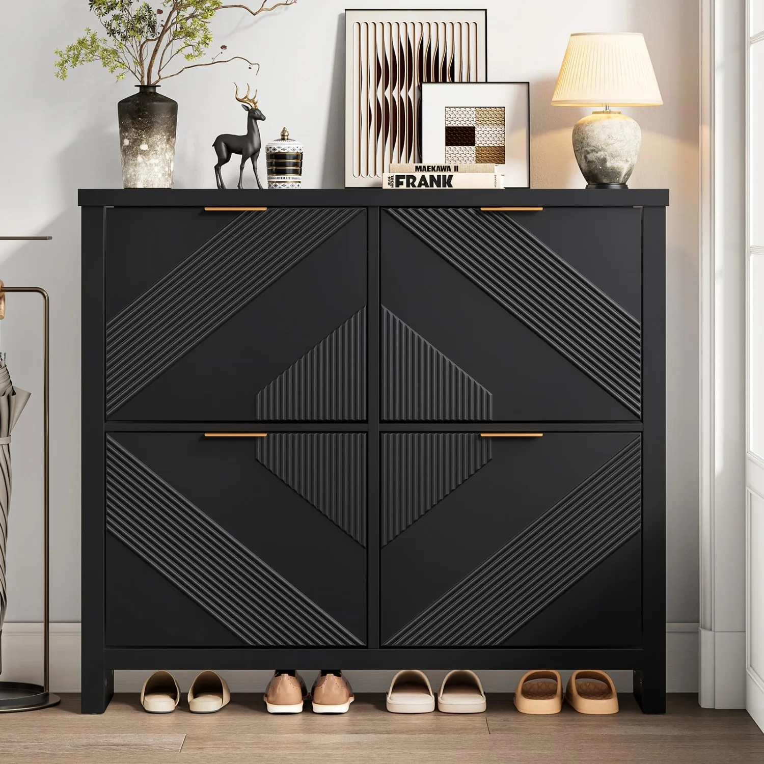 Shoe Cabinet with 4 Flip Drawers & Symmetric Groove Pattern