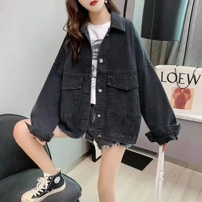 Women Vintage Washed Denim Coats Single Breasted Long Sleeve Jacket Spliced Embroidery Outerwear Button Loose Casual 2024