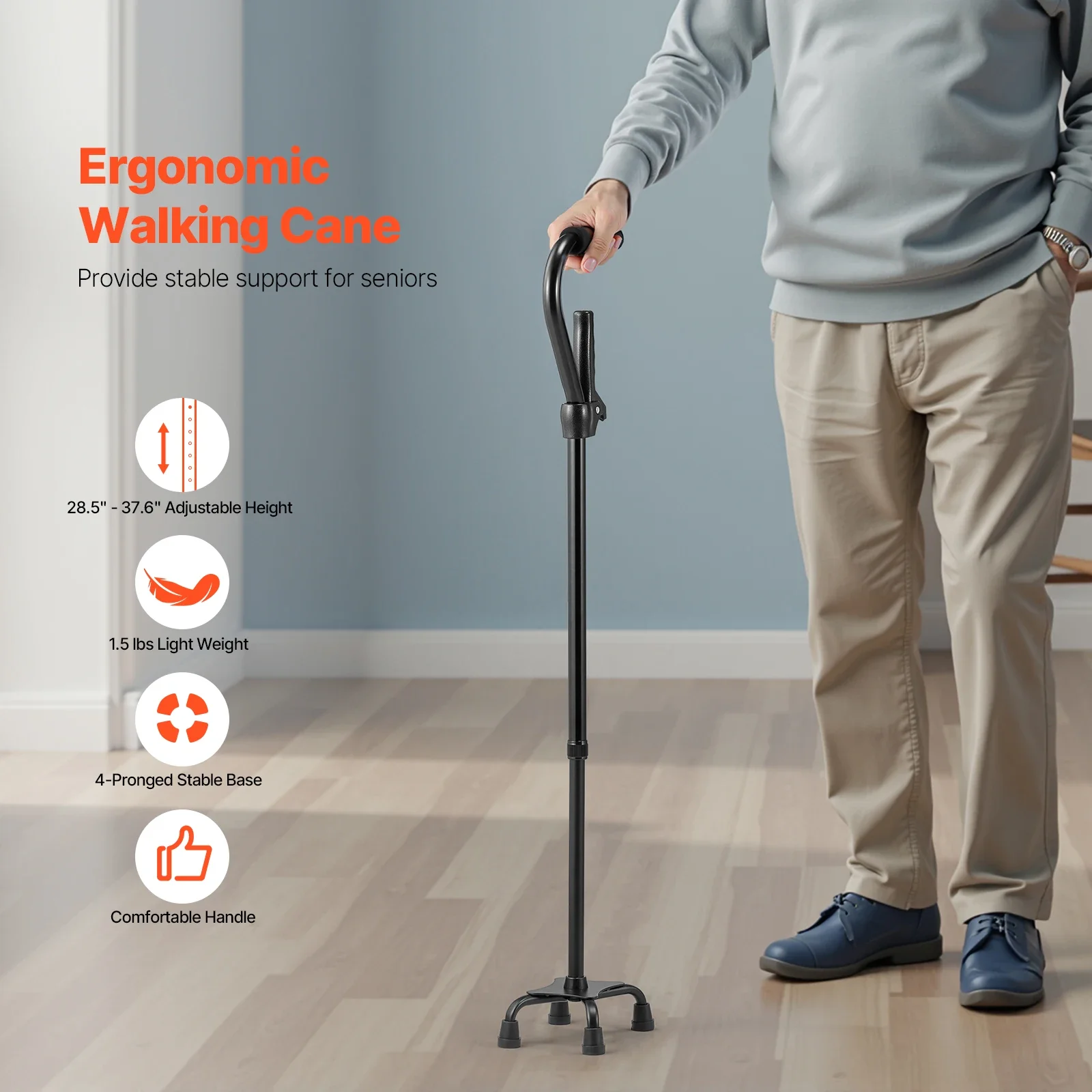 Walking Cane 10-Level Height Adjustable Walking Stick W/ 4-Pronged Metal Stable Base Portable Mobility Walking Aid Tool