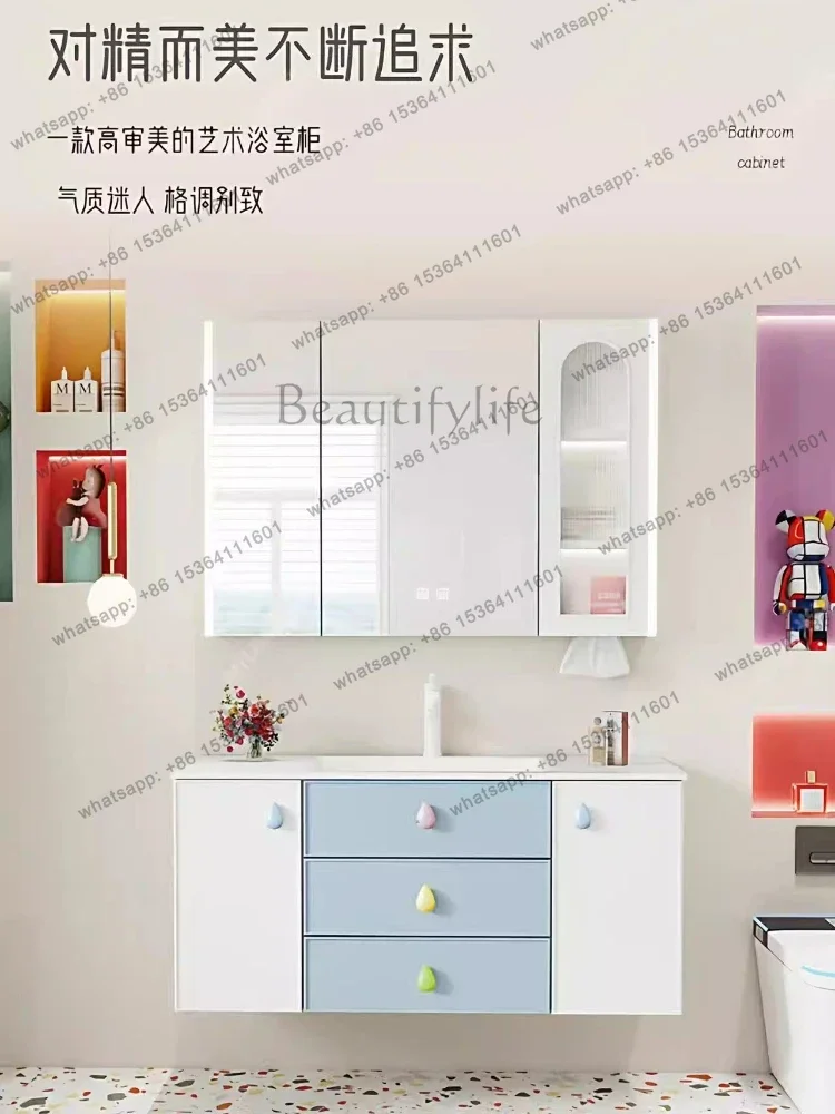 Bathroom Cabinet Combination Ceramic Basin Multi-Drawer Storage Washbasin Cabinet Blue and White Oak