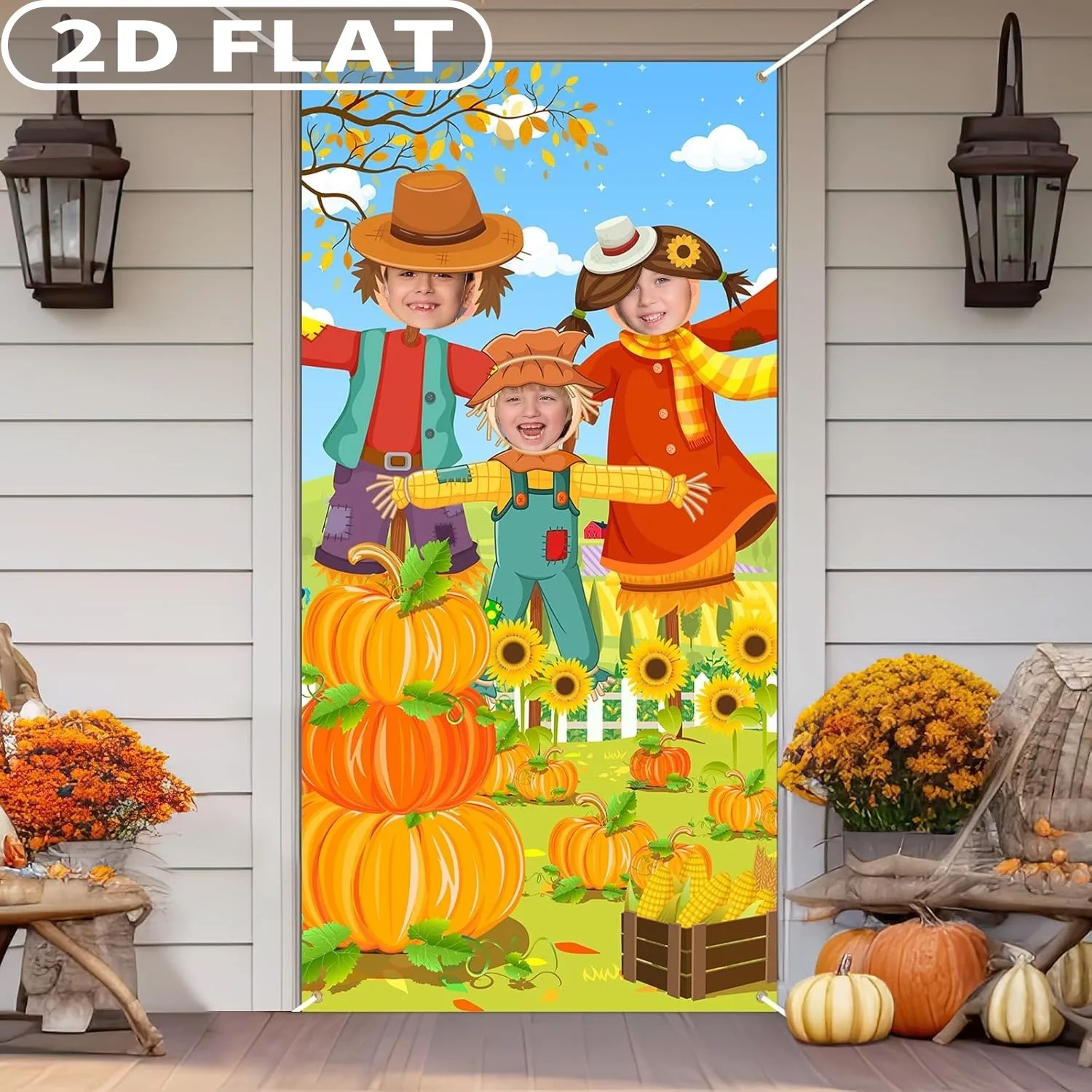 1 قطعة 2D شقة سقوط حفلة صور خلفية راية ، الخريف موضوع زينة الحفلات 3x6ft اليقطين فزاعة راية الوجه انقطاع خلفية #4