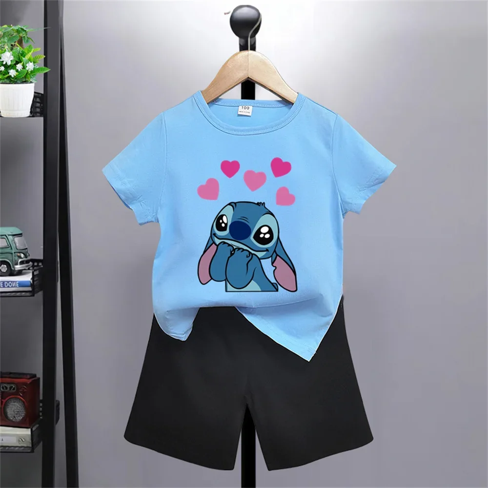 Summer 2024 Cute and Fun Disney Cartoon Boys Girls Printed T-shirt + Shorts Set Top Cotton Short Sleeve Shorts Gift