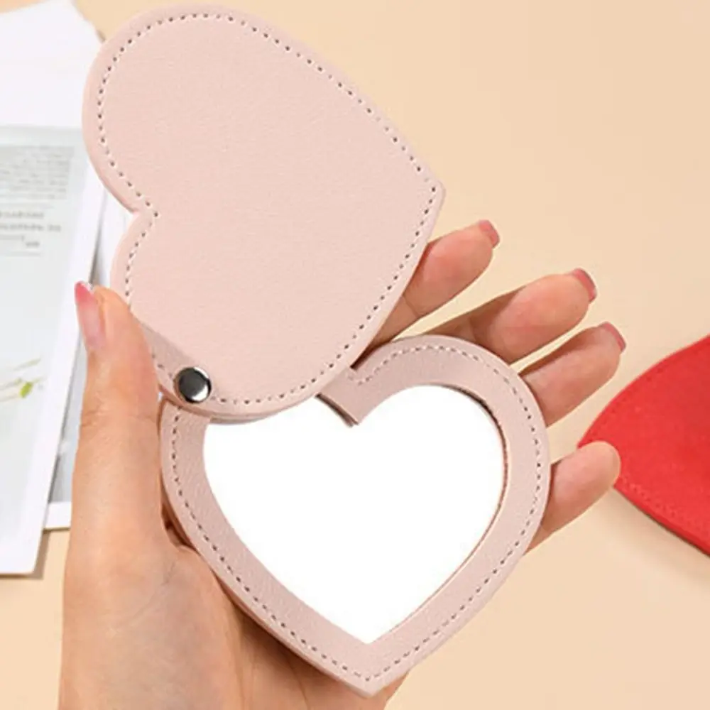 Mini Portable Heart Compact Mirror Solid Color Ultra-thin Makeup Mirror PU Leather Unbreakable Cosmetic Mirror Travel