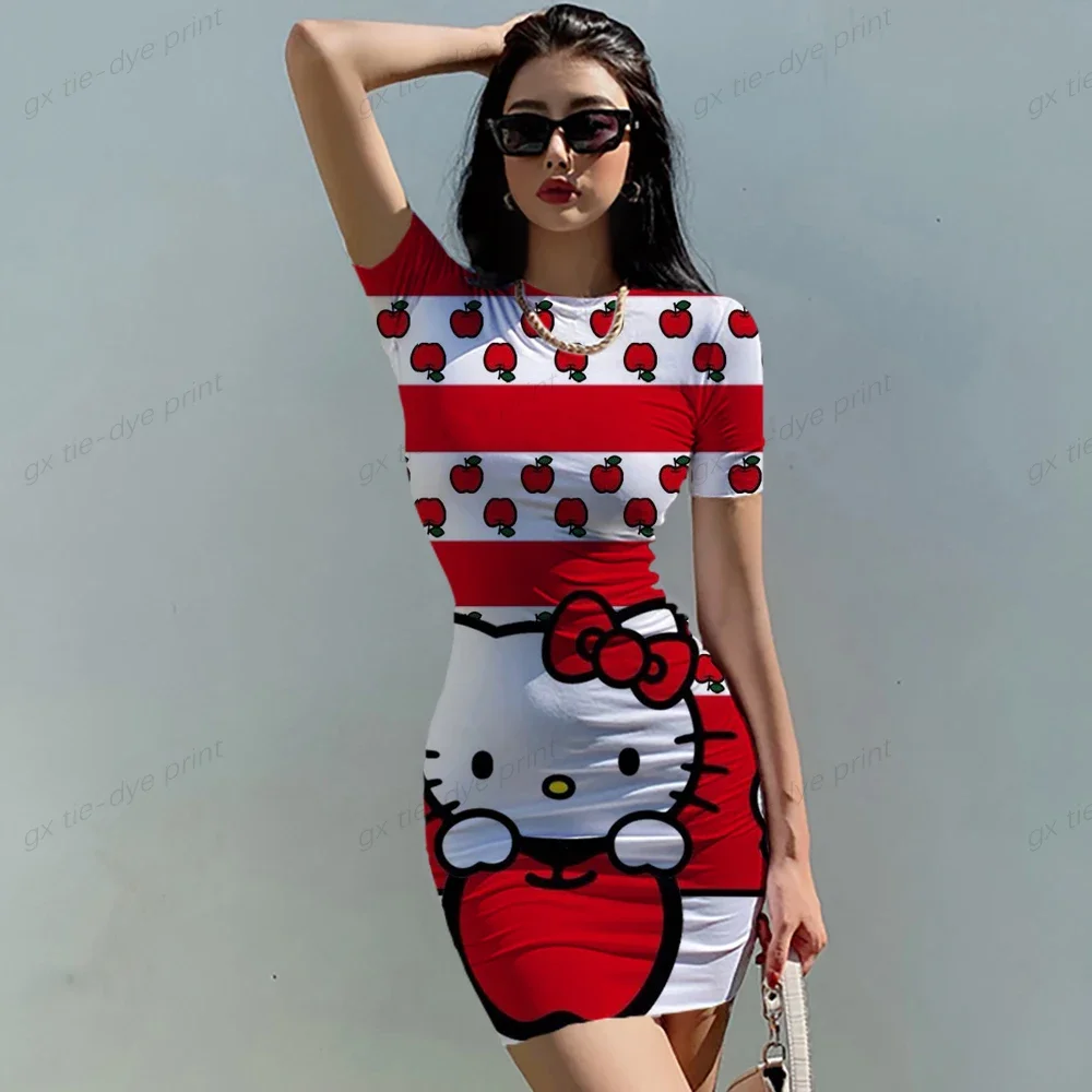 Summer Sexy Hello Kitty Print Dress Clothes Bodycon Short Sleeve Bodycon Dress Women Xmas Party Mini Dresses Woman Party Night