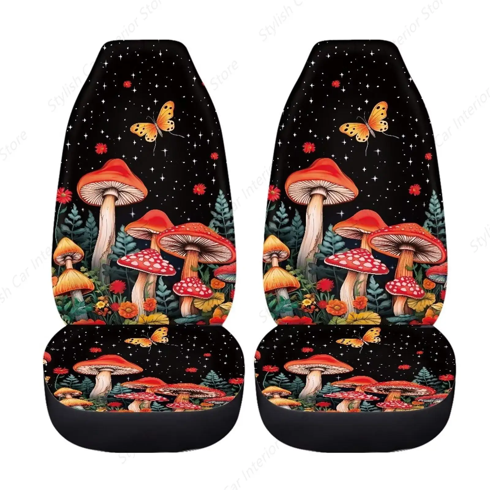 

2 шт., чехлы на автомобильные сиденья с красным цветком, бабочкой и грибами, универсальные автомобильные аксессуары с грибами, грибами, автокресла