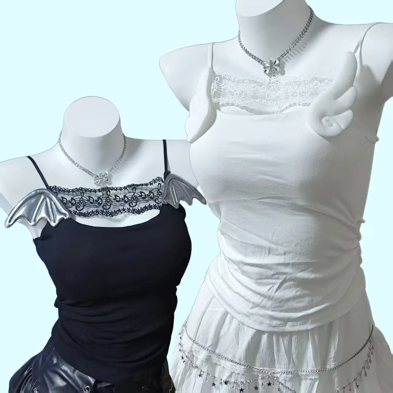 Twins of Angels and Demons Lace-winged Musical Note Blouse Gothic Girl Top Solid-color Top Daily Versatile Gothic Style Y2K Punk
