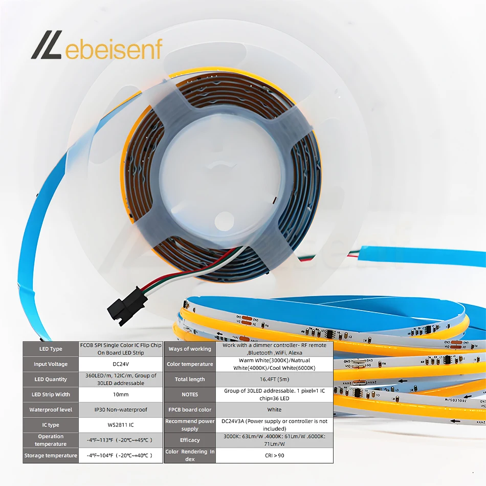 Imagem -06 - Tira Led Cob Fcob com ic Ws2811 Endereçável Branco Quente 3000kbranco Natural 4000kbranco Fresco 6000k Alta Densidade Flexível Fita Led Uniforme de Perseguição Dc24v Cri 90+ 360 Led m para Decoração Interna