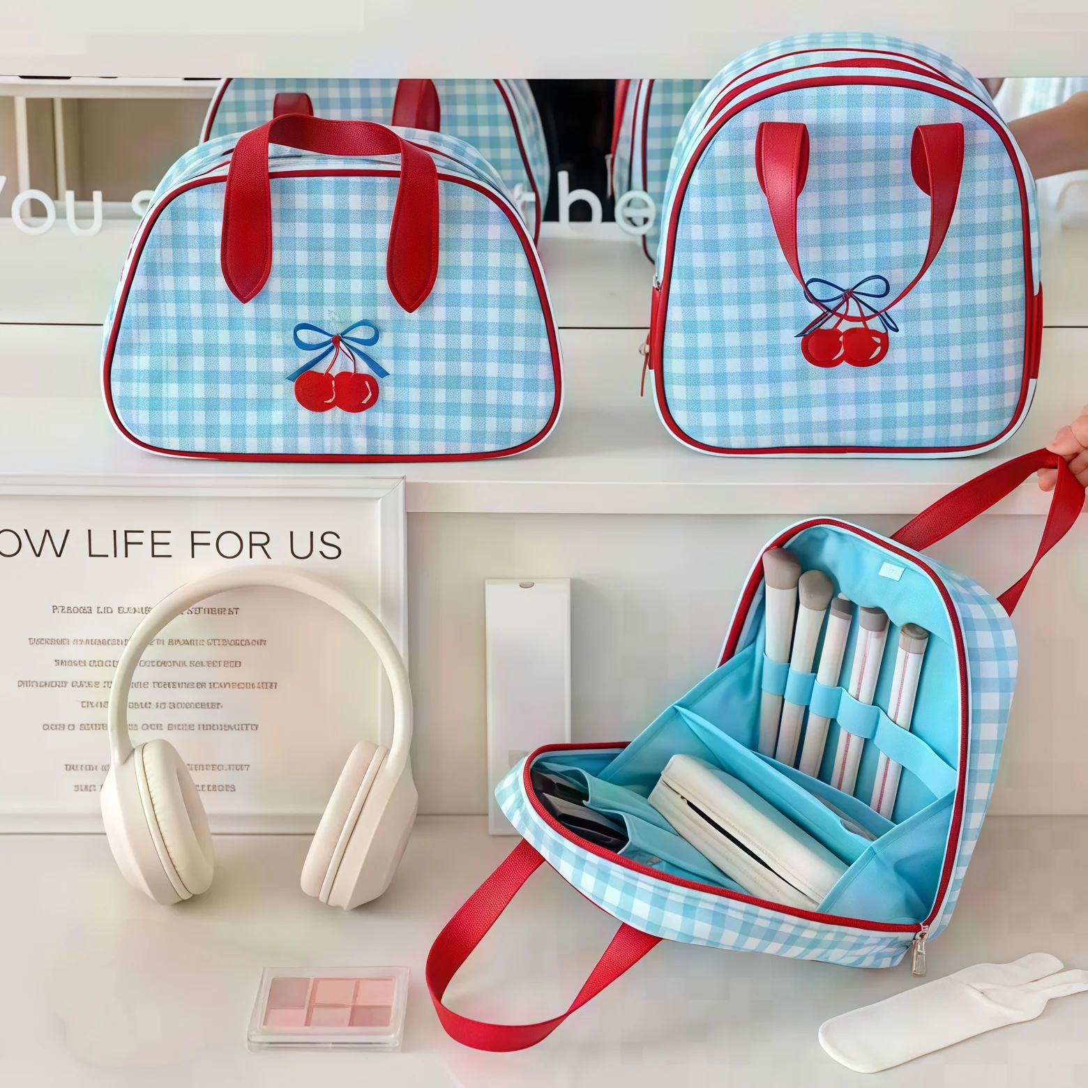 Blue Checkered Cherry Niche Makeup Bag, Large Capacity Multifunctional Toiletry Storage Makeup Bag, Travel Portable Handheld Sto