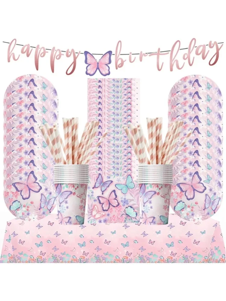 Schmetterling Mädchen Geburtstagsparty Einweggeschirr Feenhafte Rosa Pappteller Becher Servietten Tischdecke Geburtstagsparty Dekorationen
