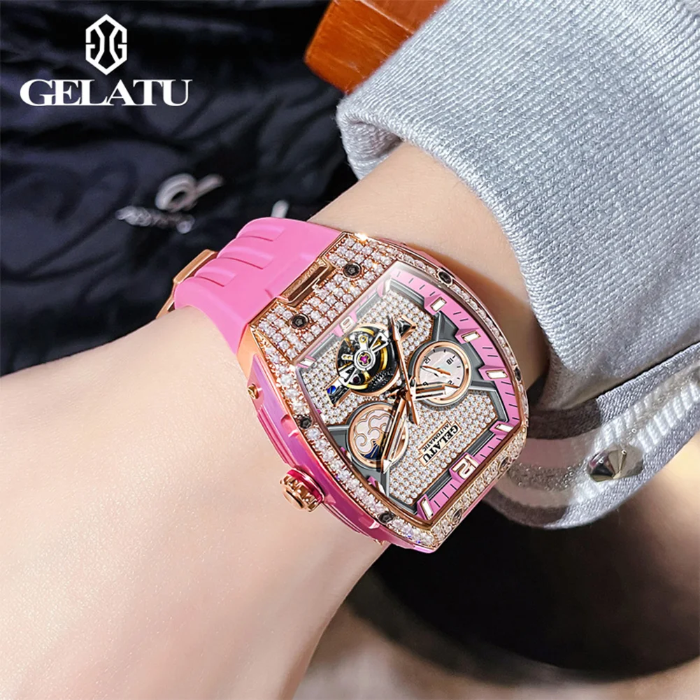 GELATU Top Brand Women's Watches Luxury Fashion Pink Silicone Strap Original Automatic Mechanical Wristwatch for Lady Moon Phase