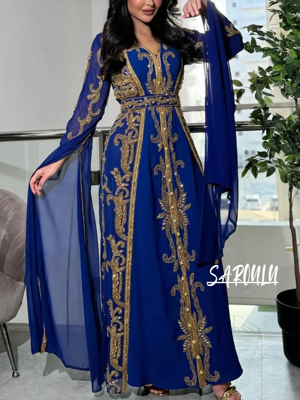 

Blue New Arrival Kaftan Women Evening Dress Caftan A-line Prom Dresses Elegant Beaded Sequins Gown Customized Vestido De Gala