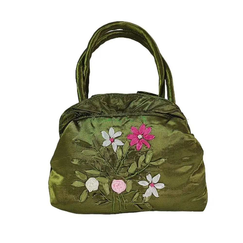 

Ruffle Embroidery Flower Handbag Satin Silk Phone Bag Zipper Flower Wrist Bag Korean Shopping Bag Ethnic Style Tote Bag Outdoor
