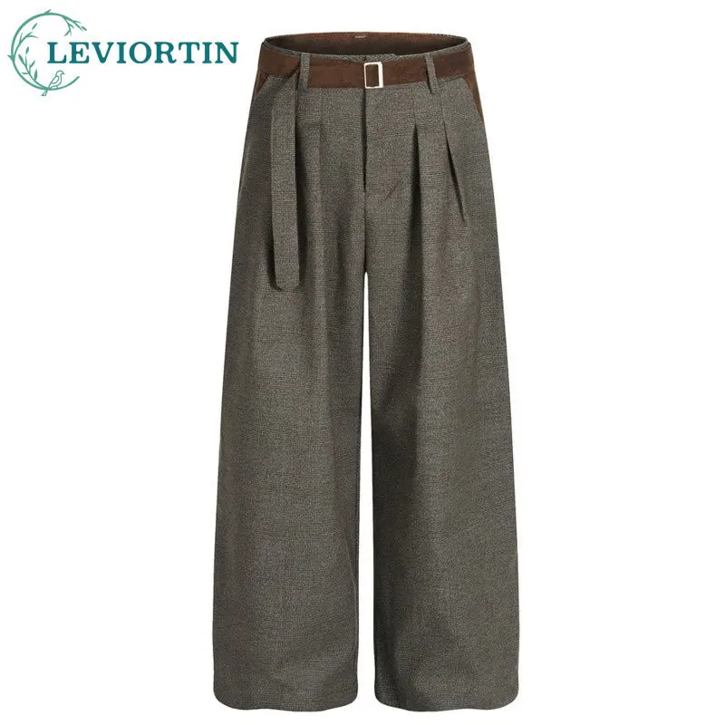 Men's trendy brand fashionable loose suit pants with color blocking and pleated design, featuring a waistband and wide leg pants