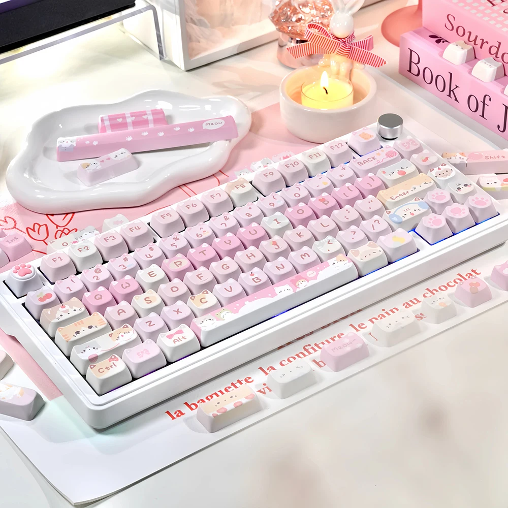 Cute Meow Meow Warriors Pink Keycaps 140 Keys PBT Heat Sublimation MAO Profile Mechanical Gaming Keyboard Keycap Set Girls Gifts