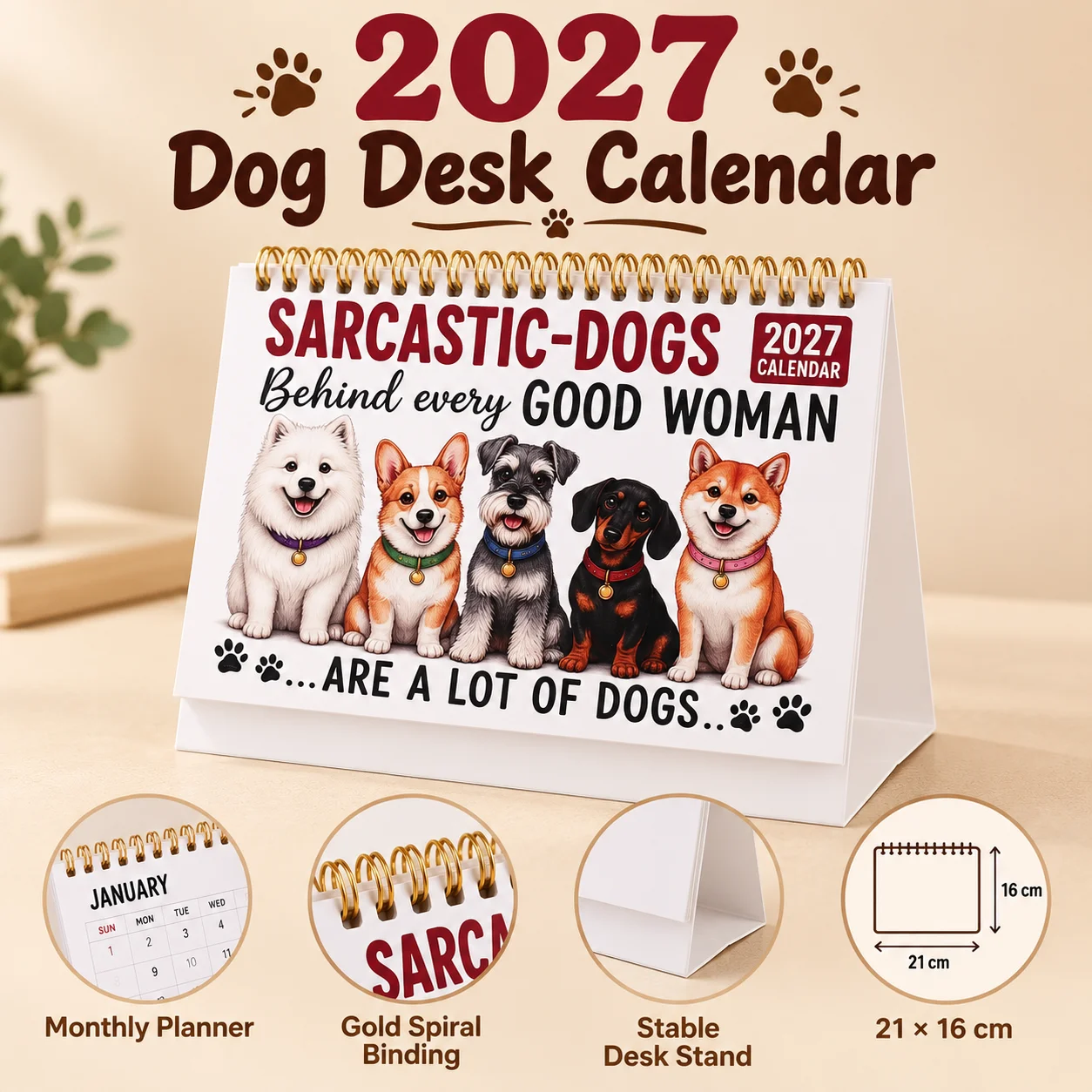 Standing Desk - 2027 Decorative Dog Desk Calendar, Gold