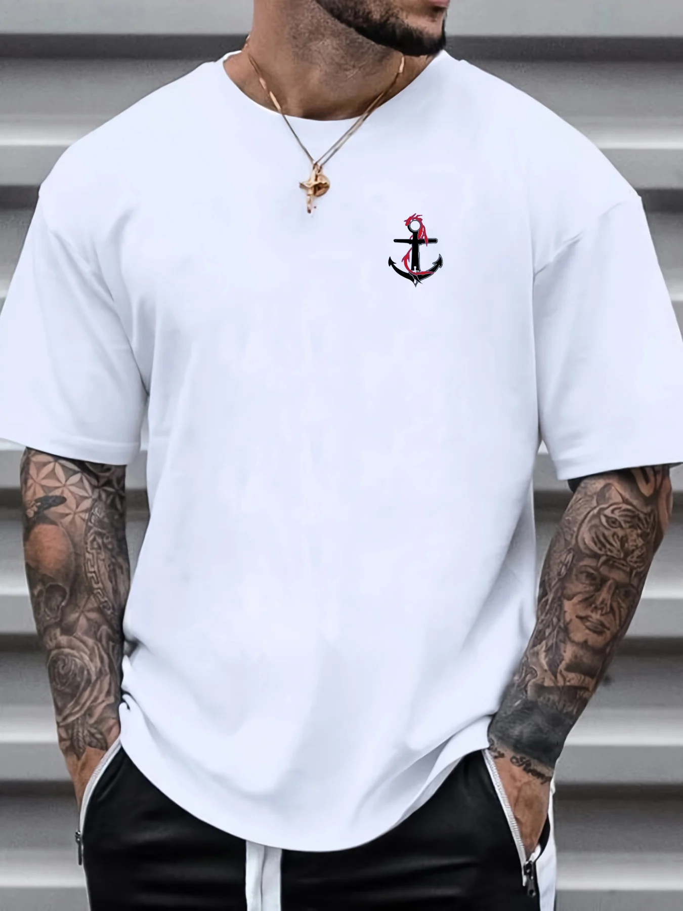 Men's 100% pure cotton summer loose oversized boat anchor pattern print casual slim fit round neck short sleeved T-shirt top