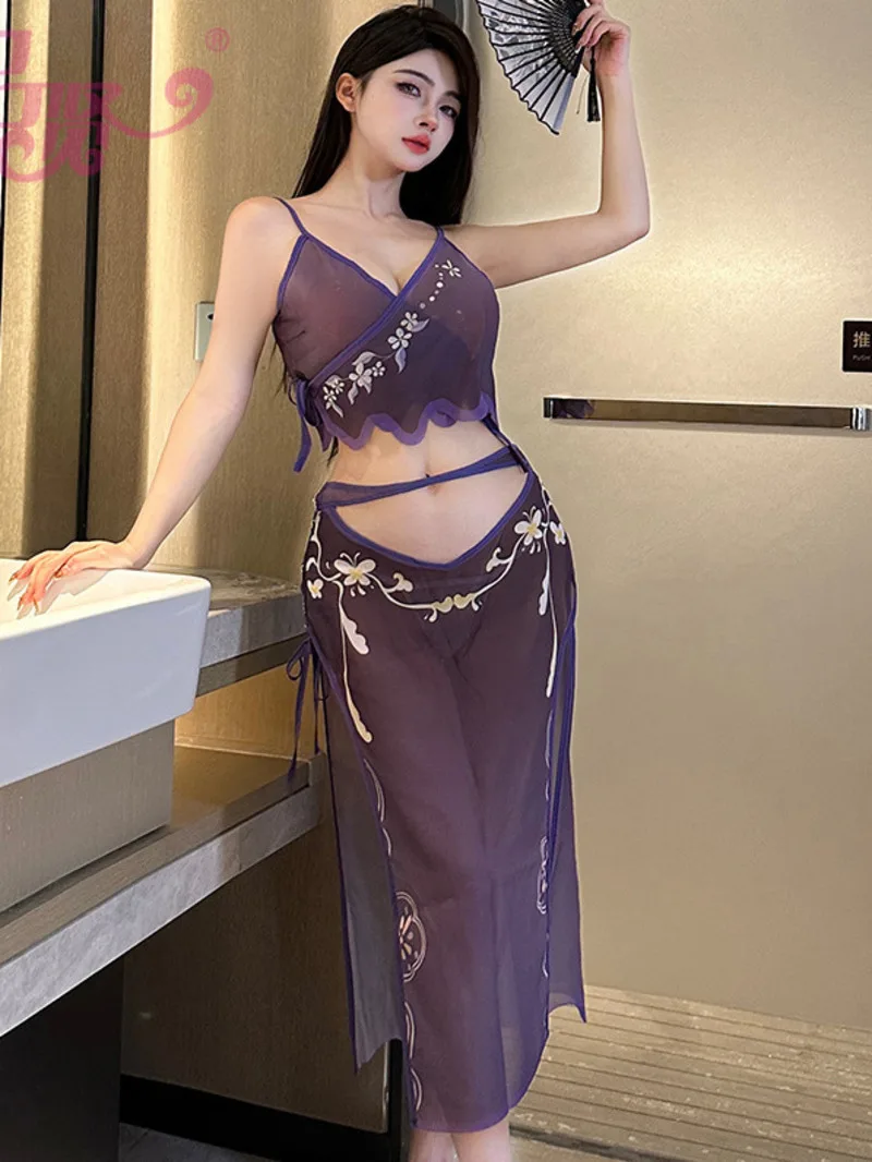 Sheerตาข่ายลูกไม้โปร่งใสCheongsamแยกชุดยาวเซ็กซี่แขวนVคอหวานผู้หญิงแฟชั่นเซ็กซี่ร้อน 2023 3R8Q