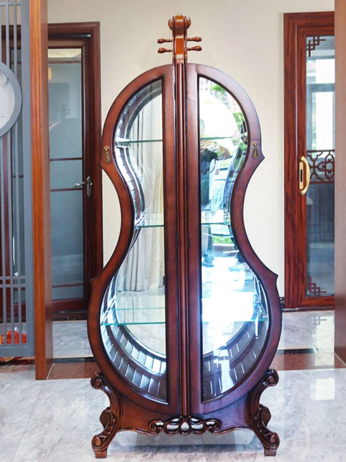 Violin Wine Cabinet Solid Wood Carved Glass Double Door Living Room Display Cabinet Decoration