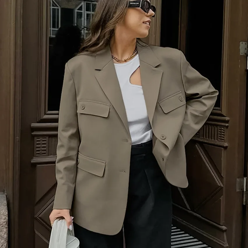 Chaqueta holgada de un solo pecho para mujer, abrigo Vintage de manga larga con bolsillos, prendas de vestir exteriores elegantes