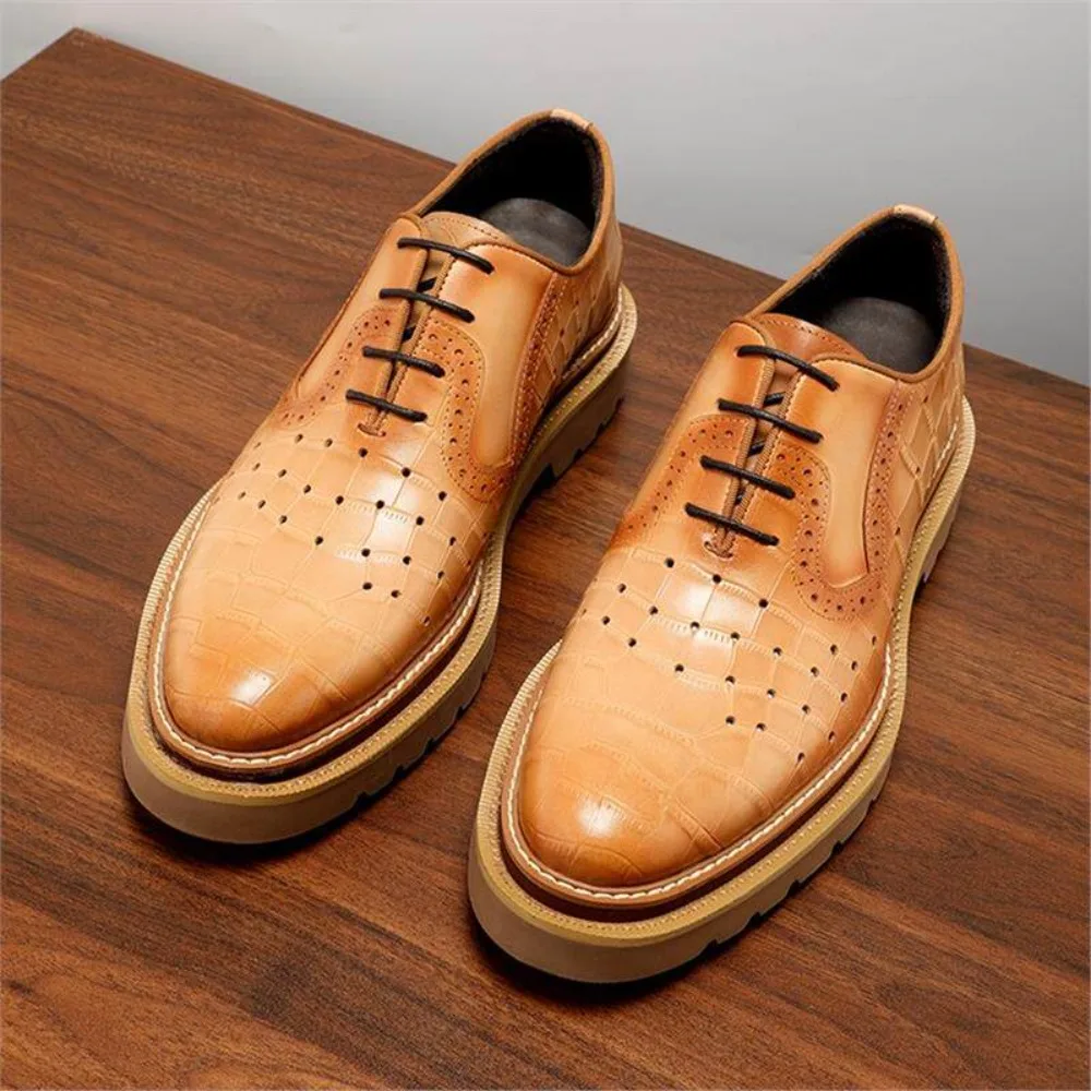 Summer Hollow Out Genuine Leather Brogue Carved Men's Business Formal Dress Shoes Thick Sole Height Increasing Shoes