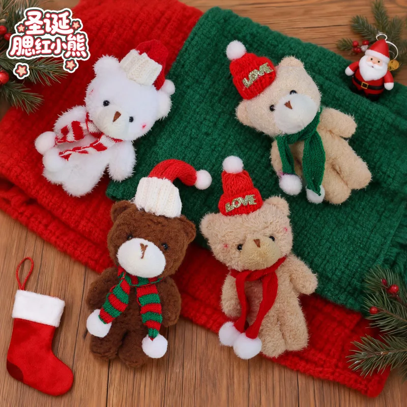 

Christmas Bear Plush Keychain Pendant Cute Powder Blusher Stuffed Doll Scarf One-Piece Design Small Gift For Toy Lovers