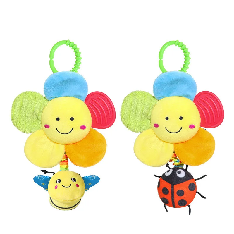 Soft Baby Shaking Cute Flower Pendant Sunflower Bed Trailer Handbells Toy Rattles Plush Infant Development Toy For Newborn Gifts