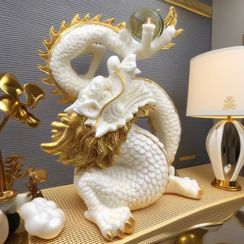 

Feng Shui White Dragon Statue， Dragon with Bead Sculpture，Home Living Room, Office Decoration Best Gift in Year of the Dragon