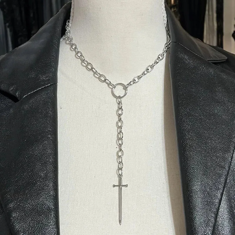 Dagger Sword O Ring Lariat Chain Necklace Pearl Dangle Celestial Choker