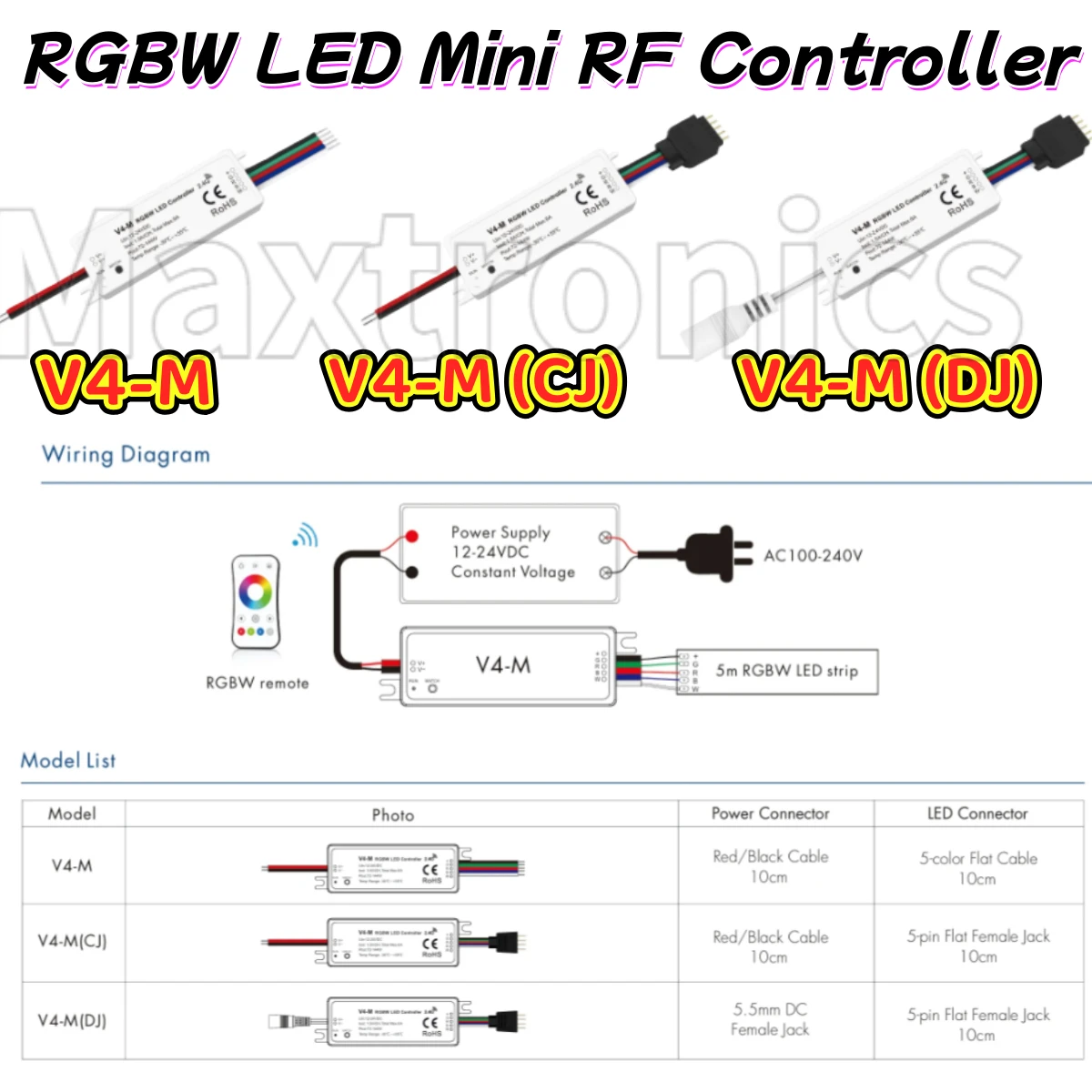 

NEW Skydance Mini 2.4GHzRF Constant Voltage LED Controller V4-M V4-M(CJ) V4-M(DJ) DC12-24V 1.5A 4CH For RGBW LED Strip Lights
