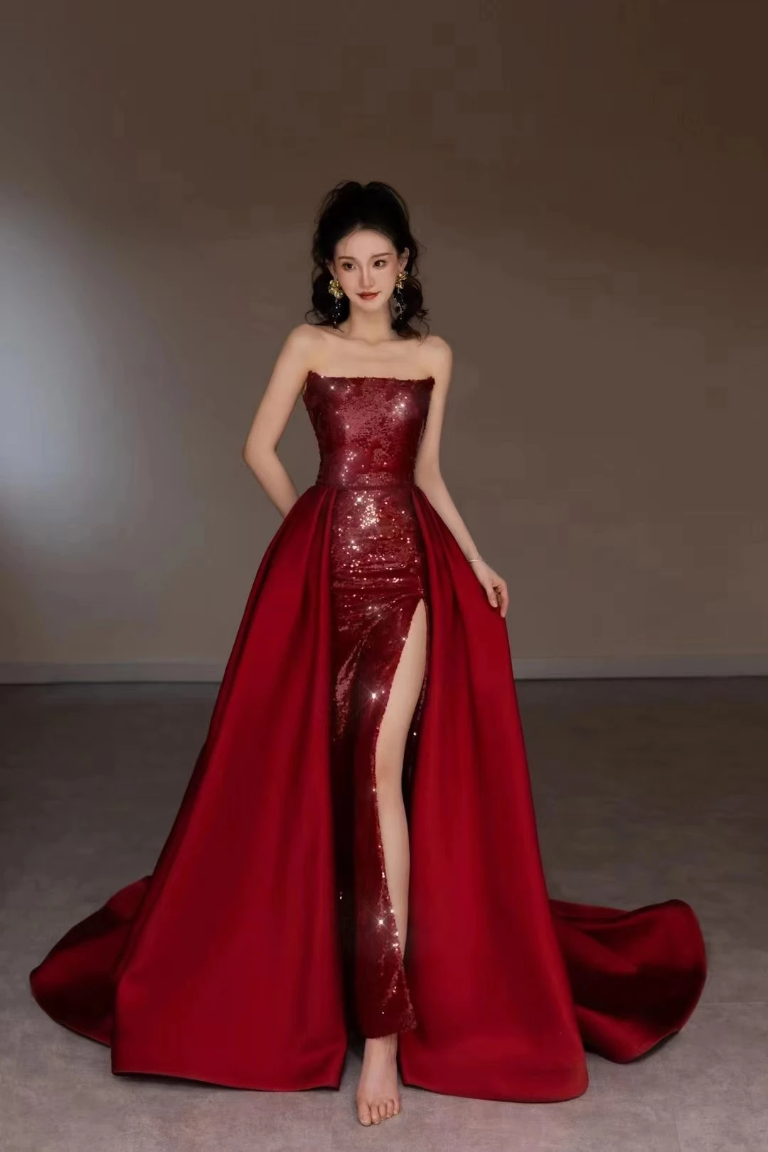 Customized Red Sequins Mermaid Evening Dress for Women Sexy Slim Strapless Glittering Satin Fishtal Party Formal Gowns Vestidos