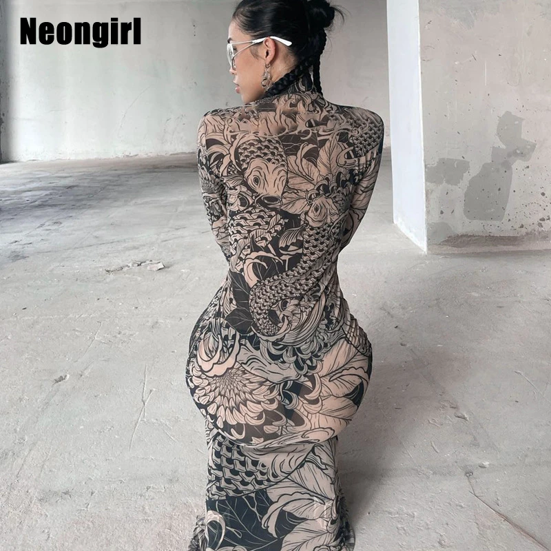 Neongirl Dragon Print Mesh Flare Long Dress Women Sheer Turtleneck Full Sleeve Tight Streetwear Sheer Fabric Transparent Slim