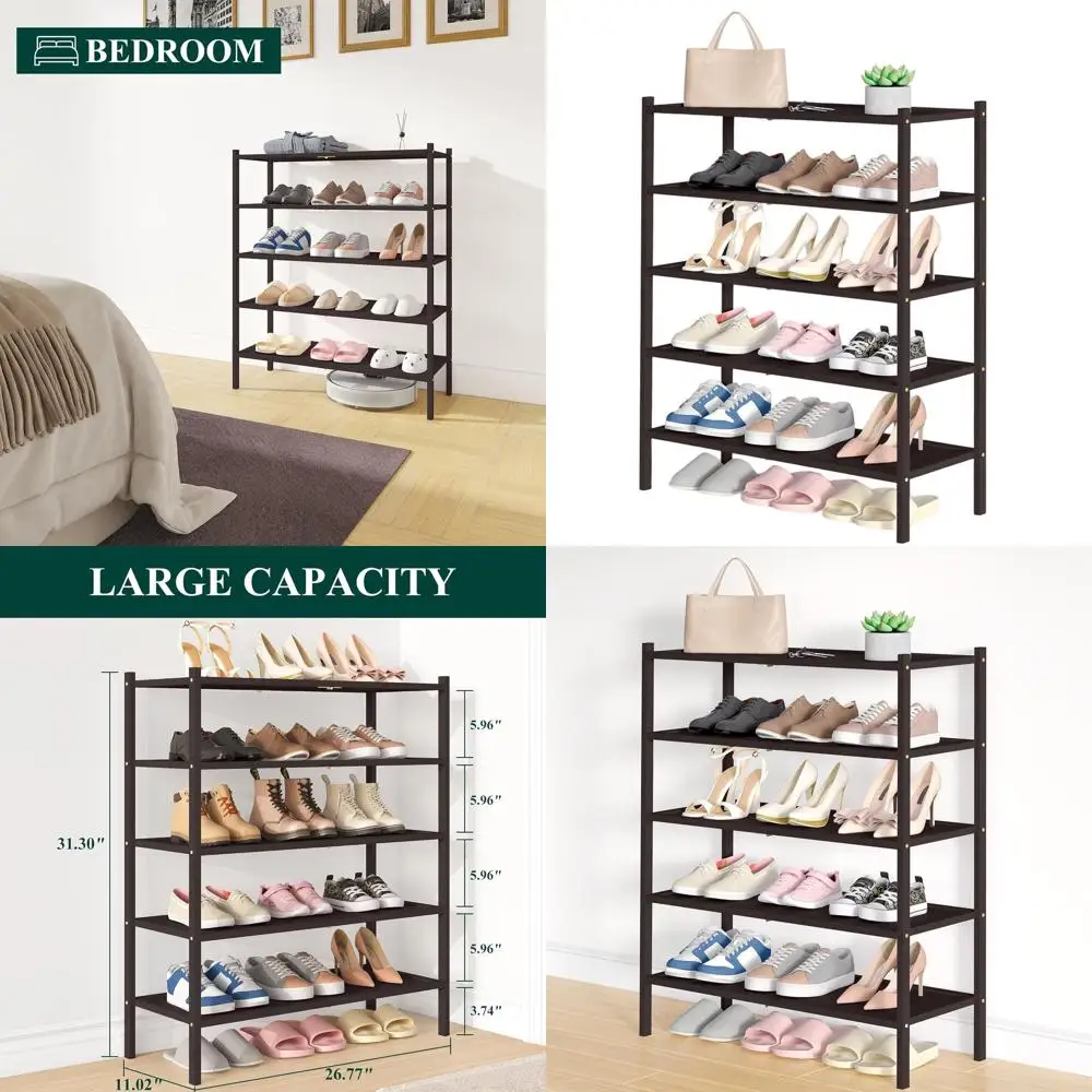 

5-Tier Bamboo Shoe Organizer for Entryway and Closet, Stackable Storage Shelf for Shoes, Bags, and Plants, Brown