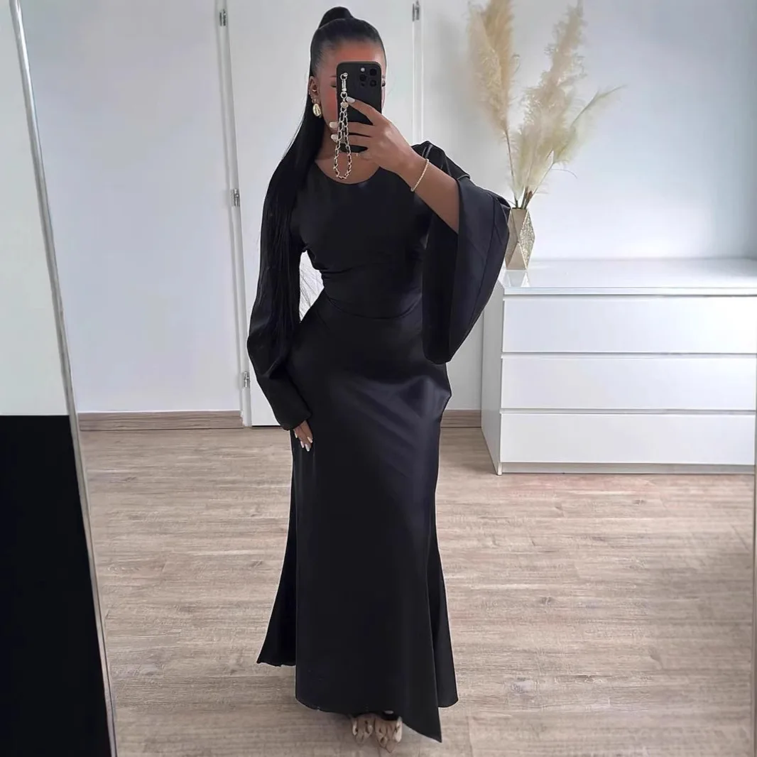 Oriente médio dubai robe robe cross-border roupas femininas cor sólida vestido de cetim amazon comércio exterior outono novo cw64428