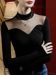 Half-high Neck Milled Thickened T-shirt Bottoming Shirt Female Mesh Splicing Sexy Autumn and Winter New Tops