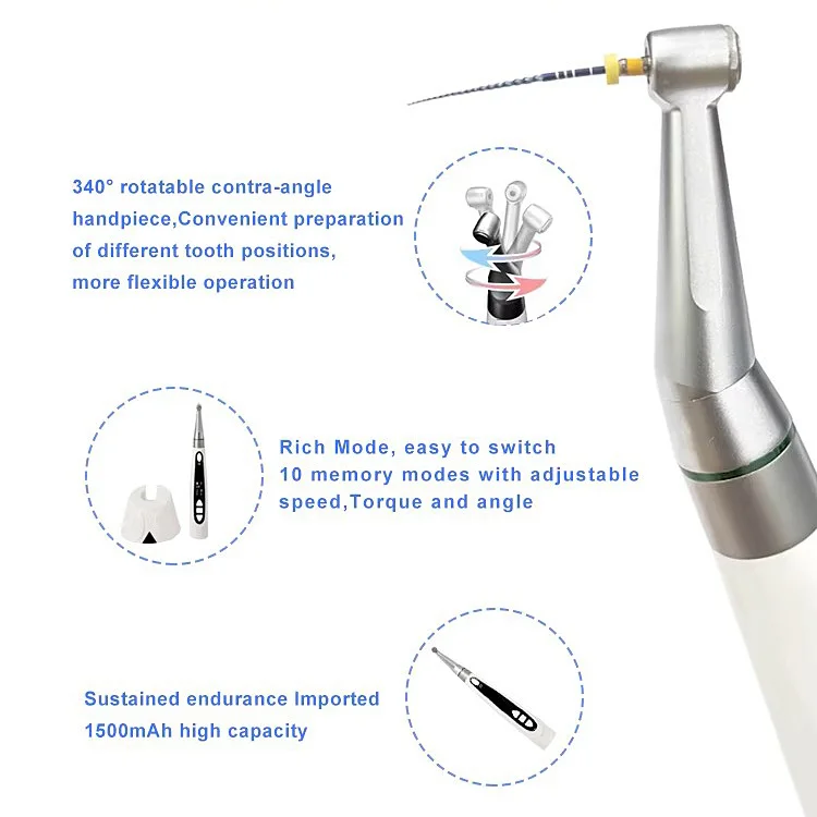 China Supply LED Dental Endomotor for Root Canal Preparation 16:1 Reduction Contra Angle Wireless Electric Power Source