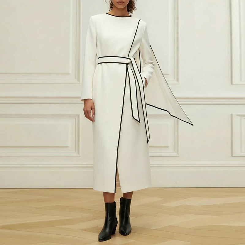 فستان Modigirl امرأة أنيقة بيضاء طويلة الأكمام ميدي مع ربطة عنق سوداء 2026 ضيف حفل زفاف وصيفة العروس فستان رسمي أنيق #1
