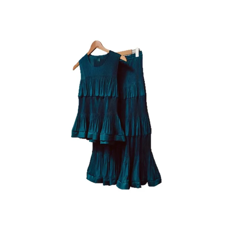 Miyake Pleated Skirt Set Plisse Women 2026 Summer New Sleeveless Floral Slimming Fold Top + Ruffled Pleated Skirt Two-Piece Set