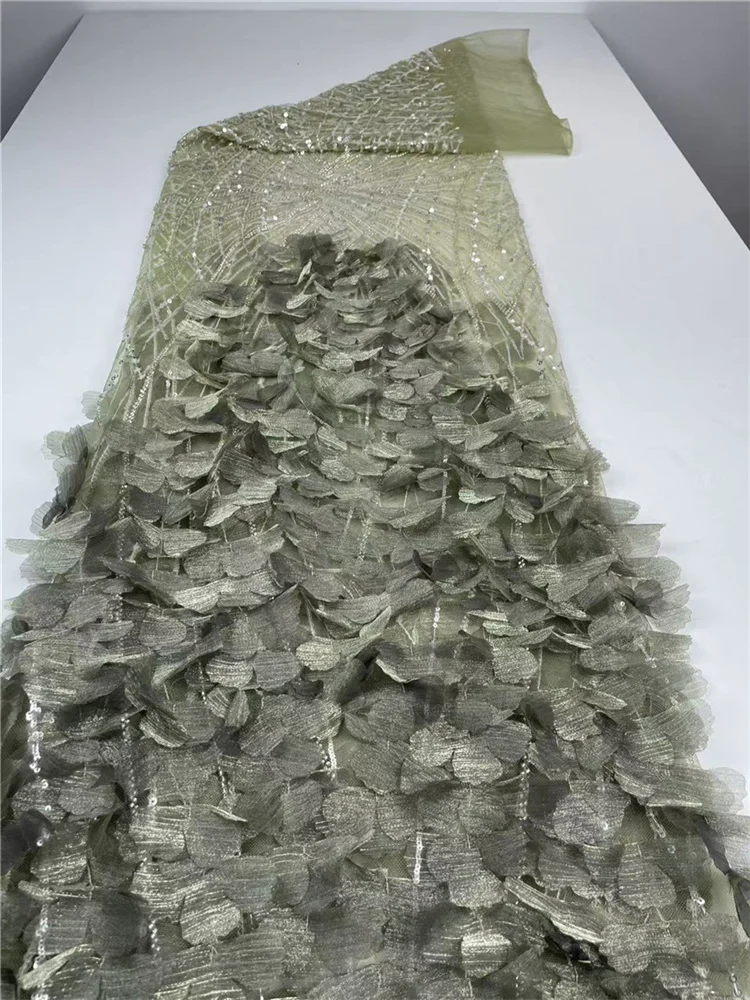 

African 3D Flower Lace Fabric High Quality French Mesh Beaded Lace Fabric Nigerian Sequins Lace Fabrics For Wedding Dress-HY3005