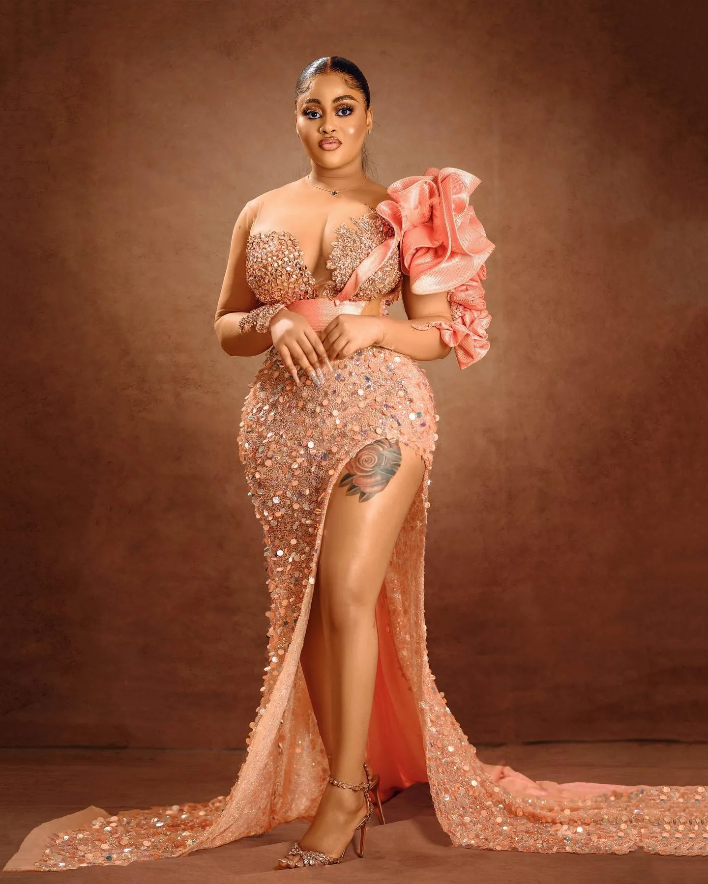 Illusion 3D Floral Evening Gown Deep V Sequin High Slit Train Plus Size Dress For Prom Birthday Red Carpet Customized