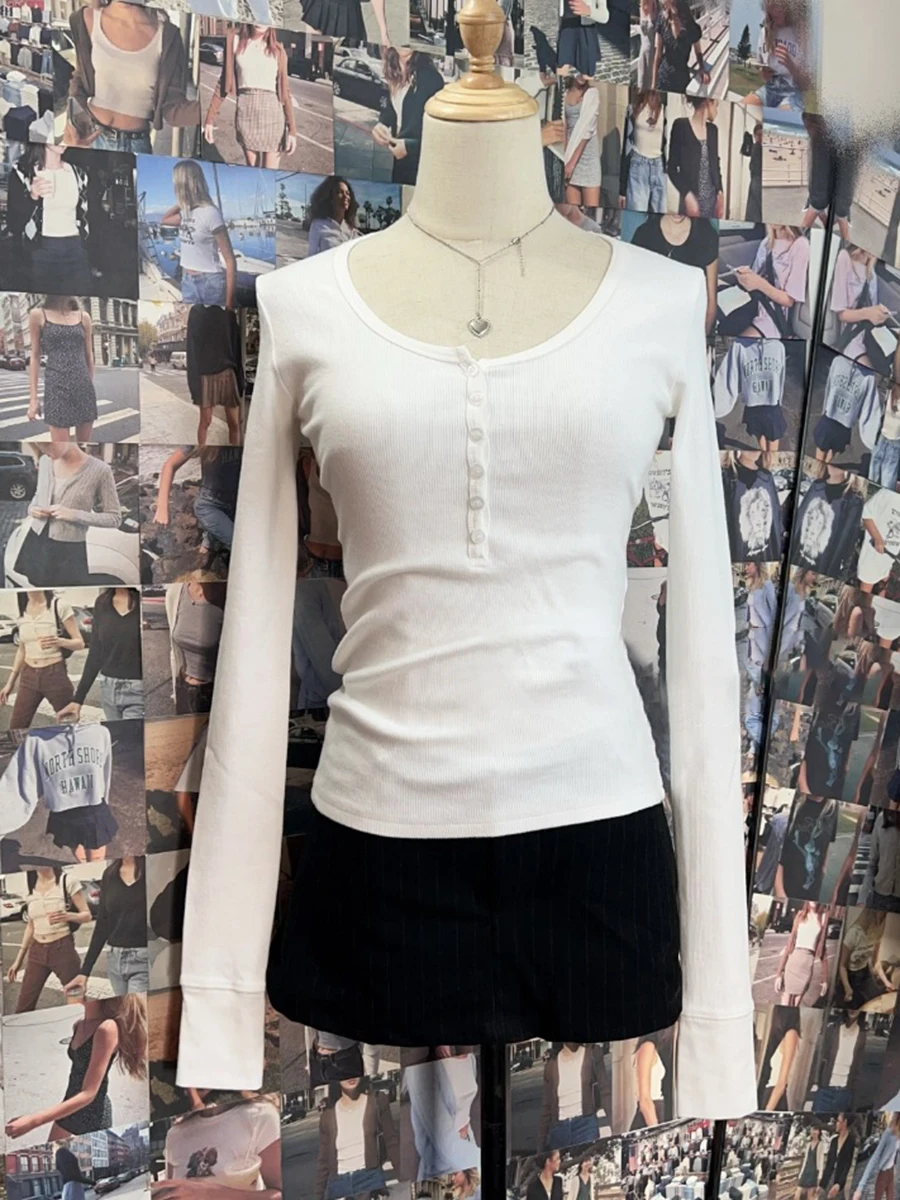 Six Buttons White Ribbed Long Sleeve T-shirts Women Spring O-Neck Cotton Slim Tee Top Sweet Preppy Style Basic Tshirt Y2k Tops