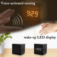 1 Pc Voice Control Digital Electronic Clock Multifunctional Desktop Alarm Clock Creative Luminous Smart Led Wooden Clock
