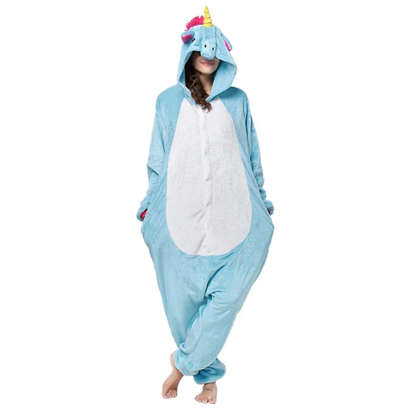 2025 NewUnisex Sleepwear Autumn And Winter Fashion Thermal Flannel One-piece Pajamas Blue Cartoon Unicorn Long-sleeved Coupl AA